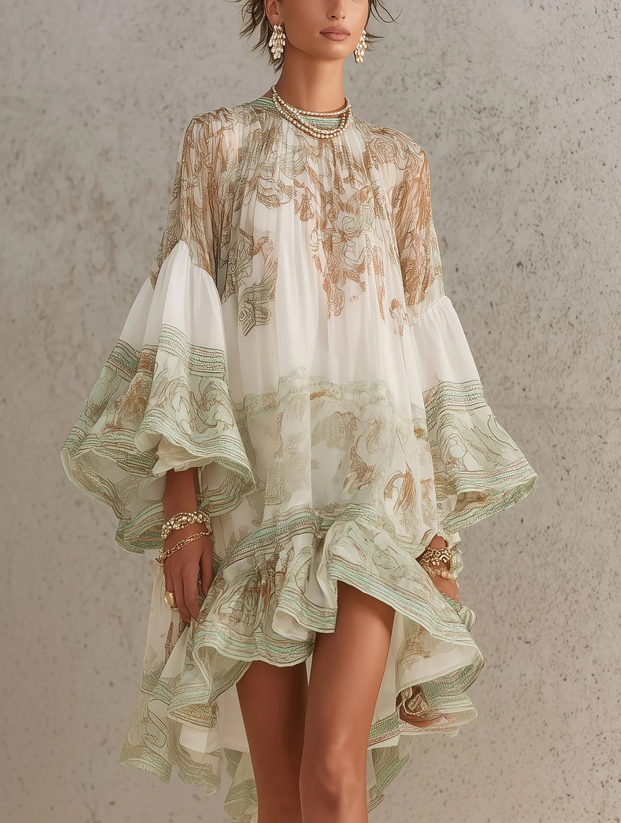 Isobel – Green Chiffon Mini Dress with Ruffle Sleeves and Gathered Hem