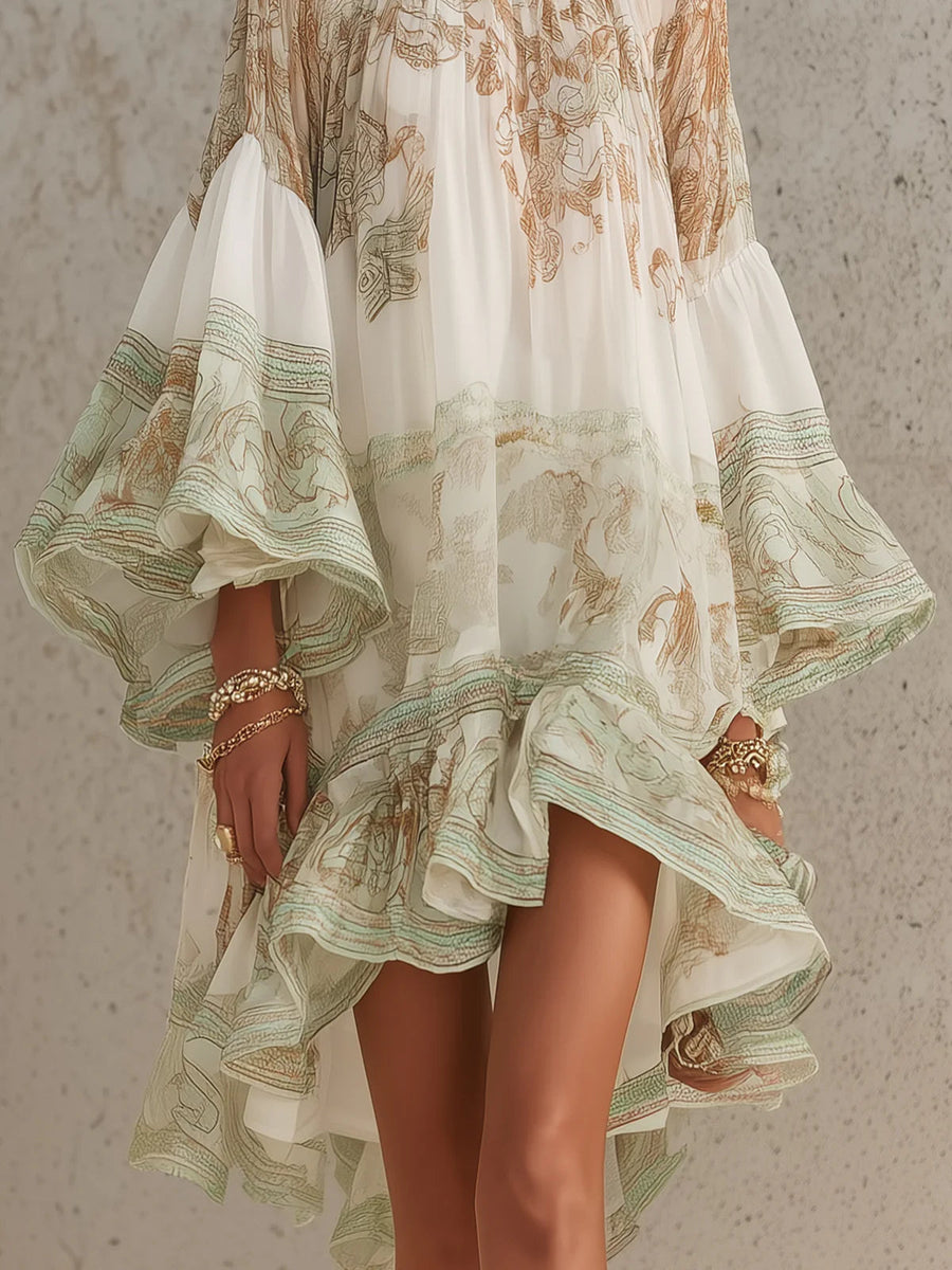 Eden - Green Print Ruffle Hem Flounce Sleeve Chiffon Mini Dress