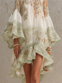 Isobel – Green Chiffon Mini Dress with Ruffle Sleeves and Gathered Hem