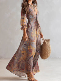 Naomi - Paisley Print V-neck Gathered Chiffon Maxi Dress