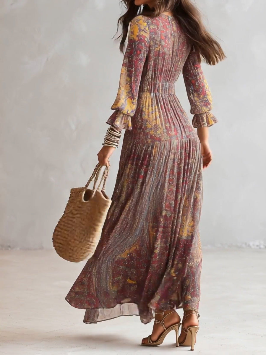 Naomi - Paisley Print V-neck Gathered Chiffon Maxi Dress