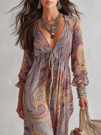 Naomi - Paisley Print V-neck Gathered Chiffon Maxi Dress