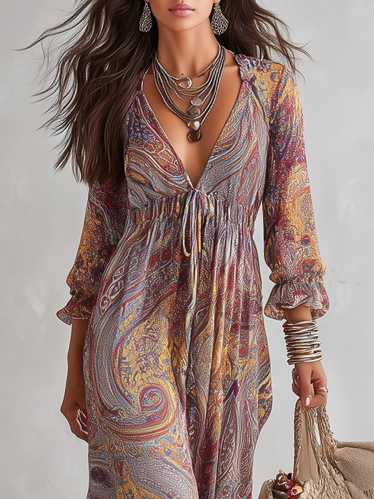 Naomi - Paisley Print V-neck Gathered Chiffon Maxi Dress