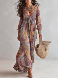 Naomi - Paisley Print V-neck Gathered Chiffon Maxi Dress