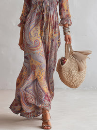 Naomi - Paisley Print V-neck Gathered Chiffon Maxi Dress