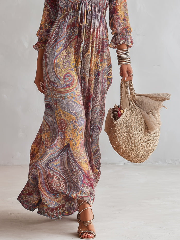 Naomi - Paisley Print V-neck Gathered Chiffon Maxi Dress