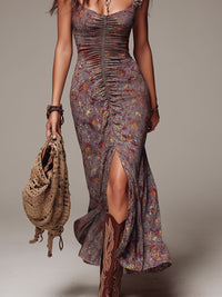 Ellen - Grayish-purple Pleated Floral Print Slit Maxi Dress