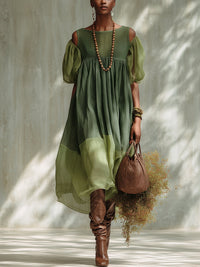 Meredith – Green Off-Shoulder Chiffon Midi Dress with Short Sleeves