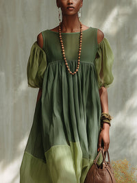 Meredith – Green Off-Shoulder Chiffon Midi Dress with Short Sleeves