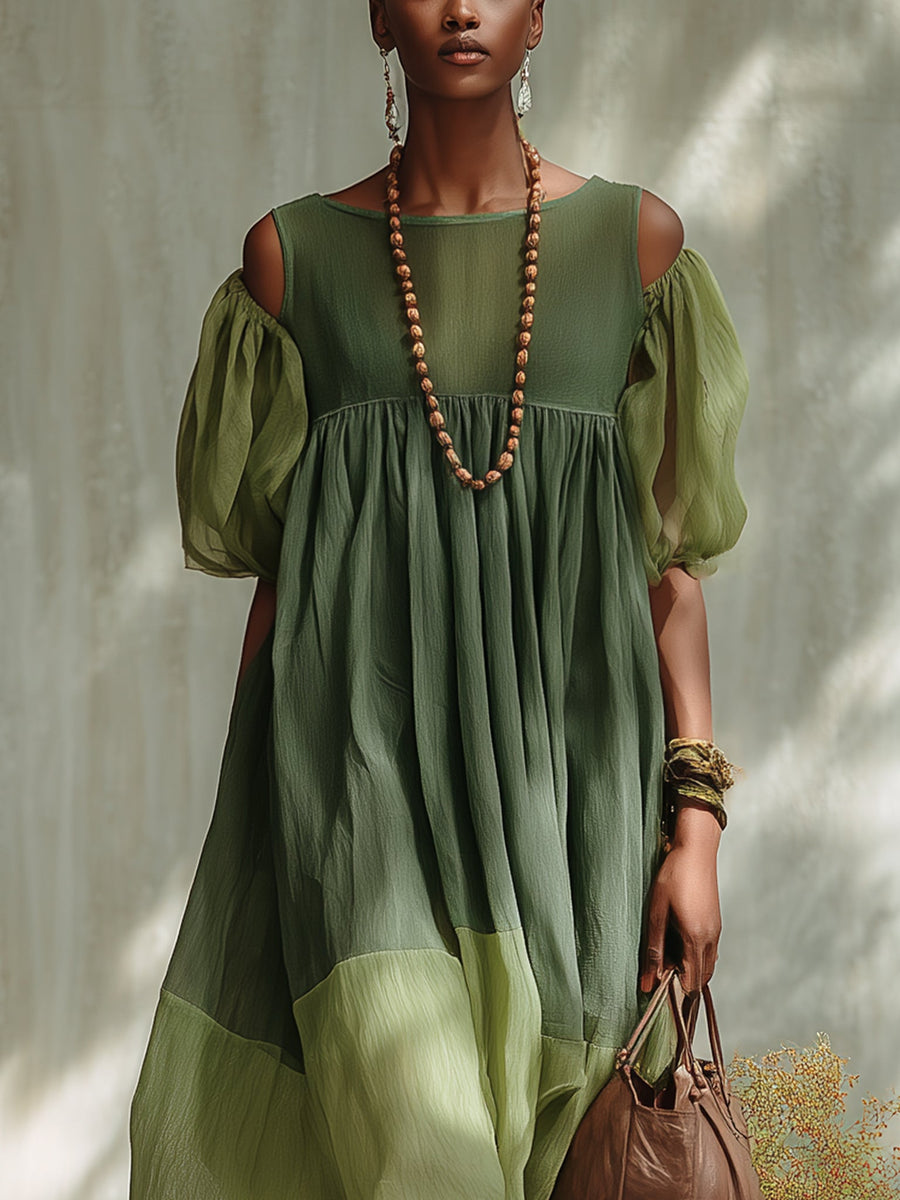 Meredith – Green Off-Shoulder Chiffon Midi Dress with Short Sleeves
