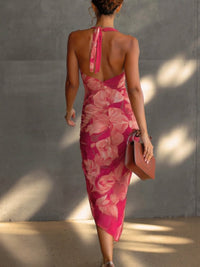 Anita - Fuchsia Floral Print Sleeveless Ruched Side Split Bodycon Dress