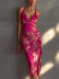 Anita - Fuchsia Floral Print Sleeveless Ruched Side Split Bodycon Dress