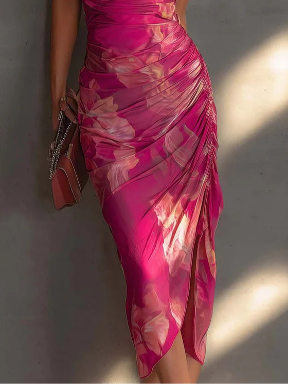 Anita - Fuchsia Floral Print Sleeveless Ruched Side Split Bodycon Dress