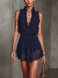 Ina - Navy Ruffle Trim Pleated Chiffon Lace Jumpsuit