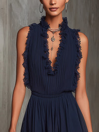 Ina - Navy Ruffle Trim Pleated Chiffon Lace Jumpsuit