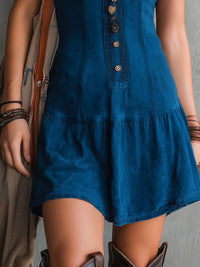 Gisela - Bohemian Indigo V-Neck Button-Down Sleeveless Mini Dress