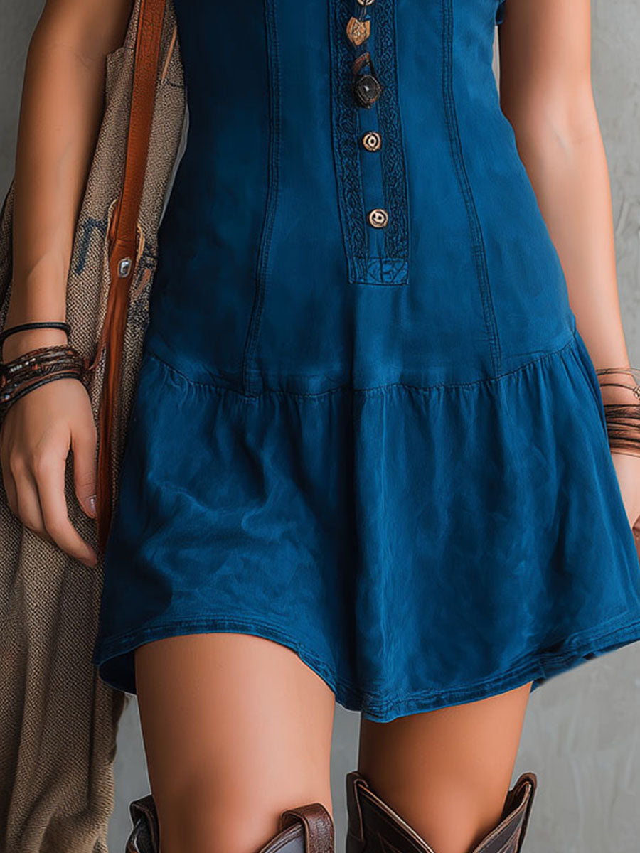 Gisela - Bohemian Indigo V-Neck Button-Down Sleeveless Mini Dress