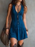 Gisela - Bohemian Indigo V-Neck Button-Down Sleeveless Mini Dress