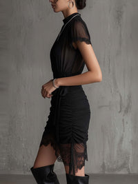 Maya - Black Chiffon Pleated Waist Lace-trimmed Mini Dress
