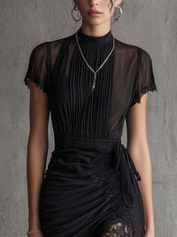 Maya - Black Chiffon Pleated Waist Lace-trimmed Mini Dress