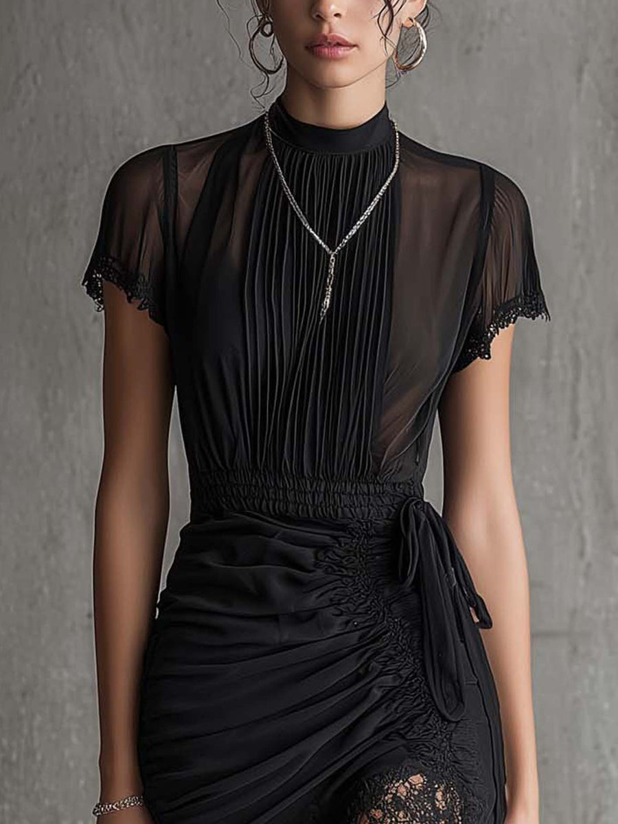 Maya - Black Chiffon Pleated Waist Lace-trimmed Mini Dress