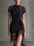 Maya - Black Chiffon Pleated Waist Lace-trimmed Mini Dress