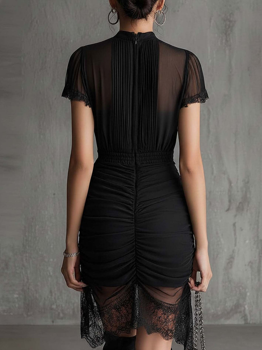 Maya - Black Chiffon Pleated Waist Lace-trimmed Mini Dress