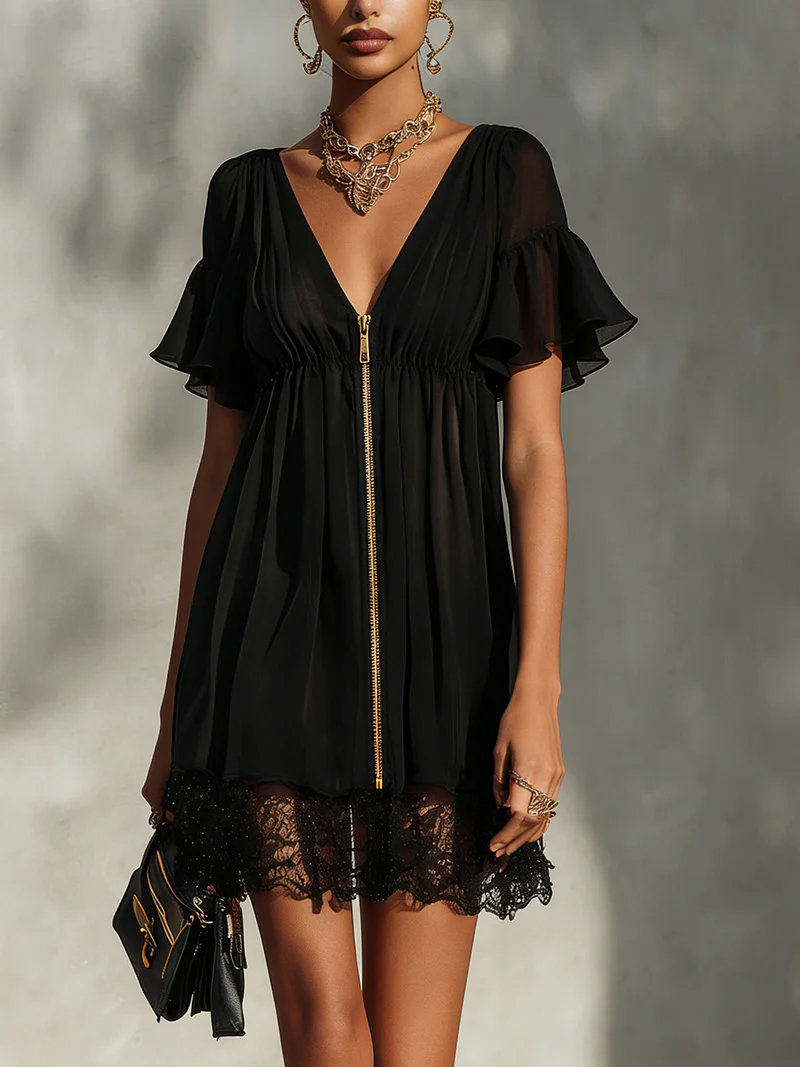 Anneliese – Black Mini Dress with Gold Zip