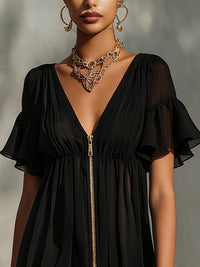 Anneliese – Black Mini Dress with Gold Zip