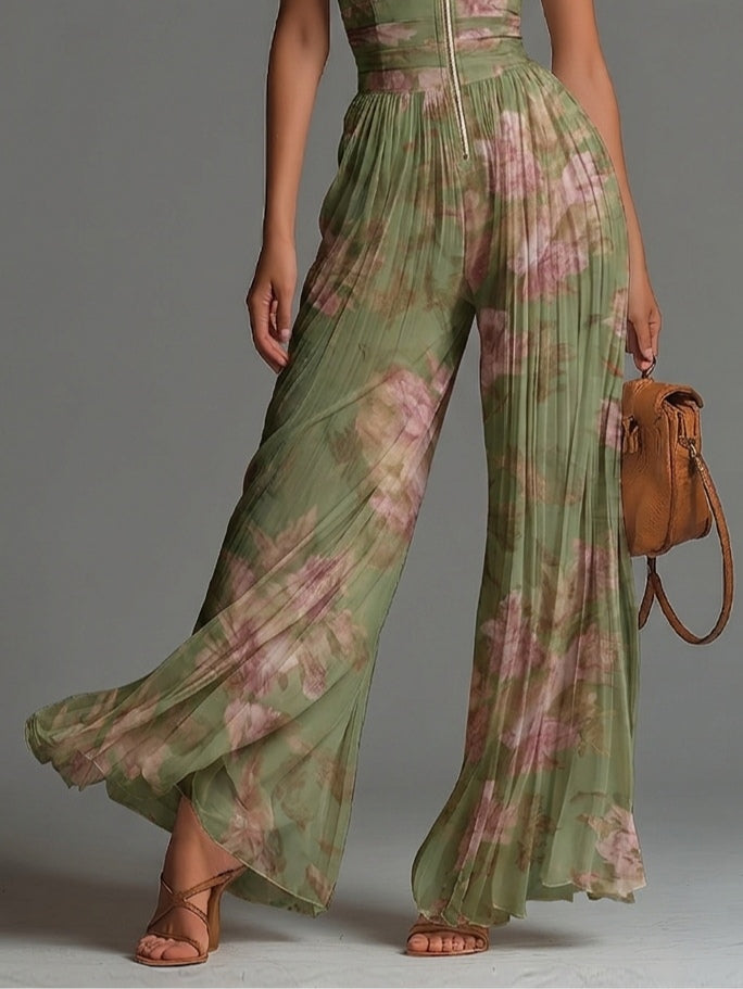 Ffion - Green Wide-leg Chiffon Jumpsuit