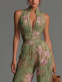 Ffion - Green Wide-leg Chiffon Jumpsuit