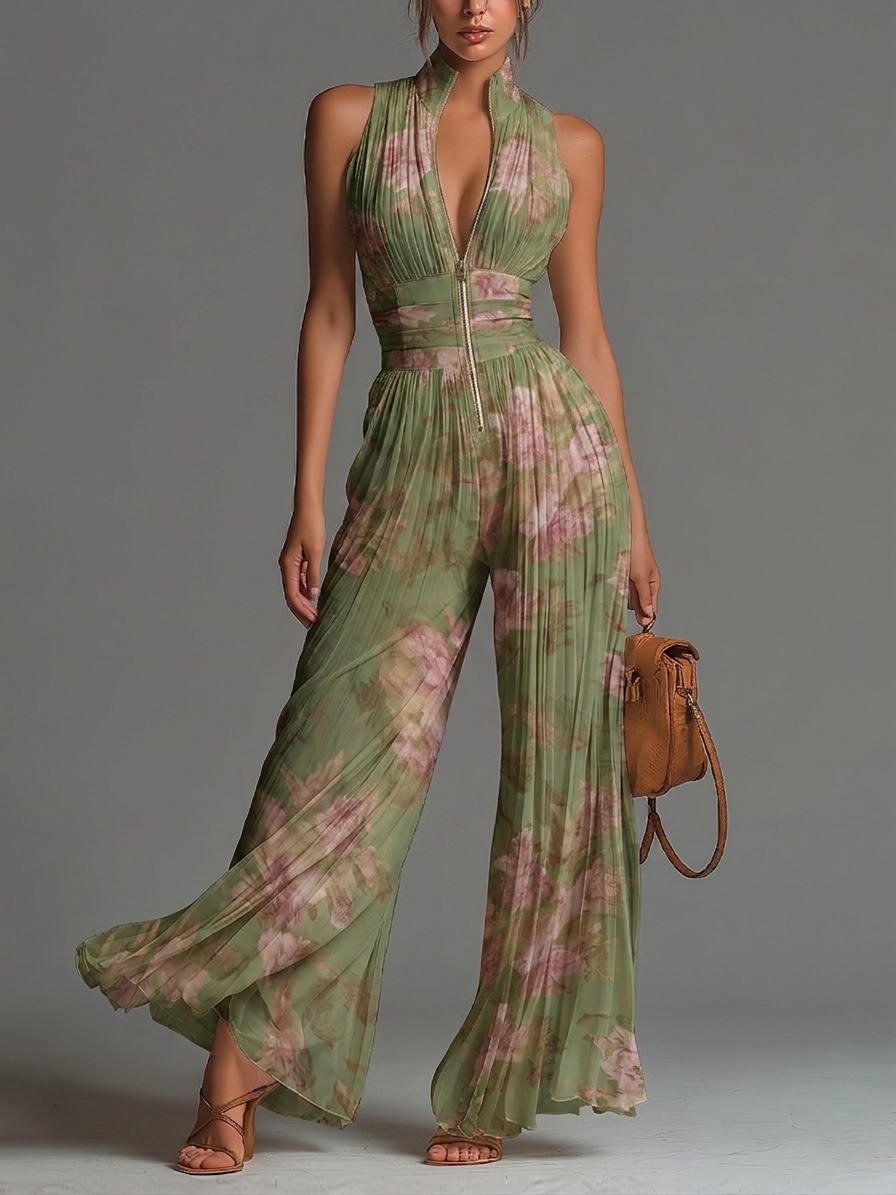 Ffion - Green Wide-leg Chiffon Jumpsuit