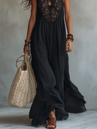 Georgina - Bohemian Black Sleeveless Lace-Trimmed Maxi Dress