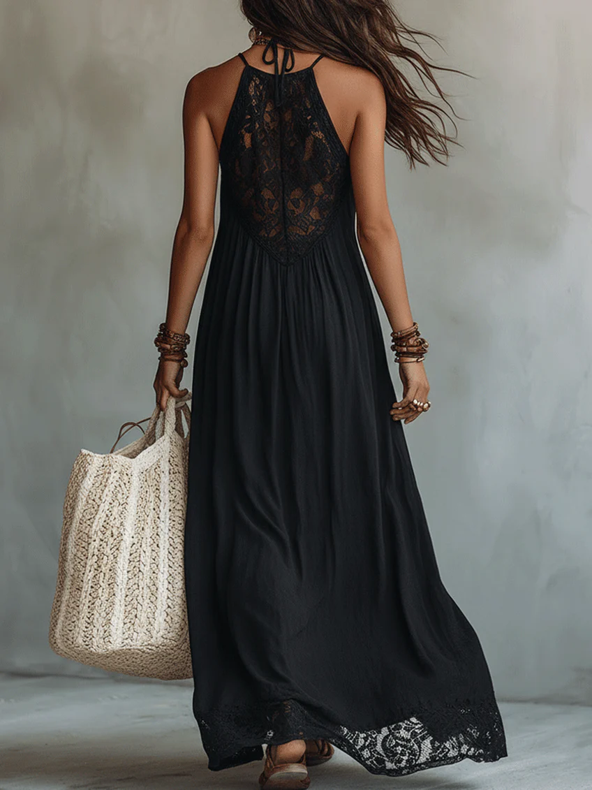 Georgina - Bohemian Black Sleeveless Lace-Trimmed Maxi Dress