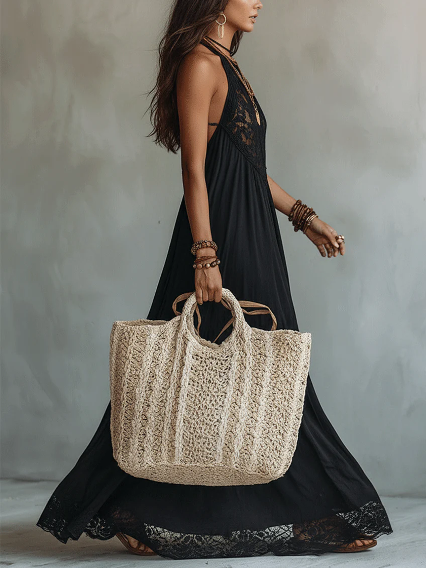 Georgina - Bohemian Black Sleeveless Lace-Trimmed Maxi Dress