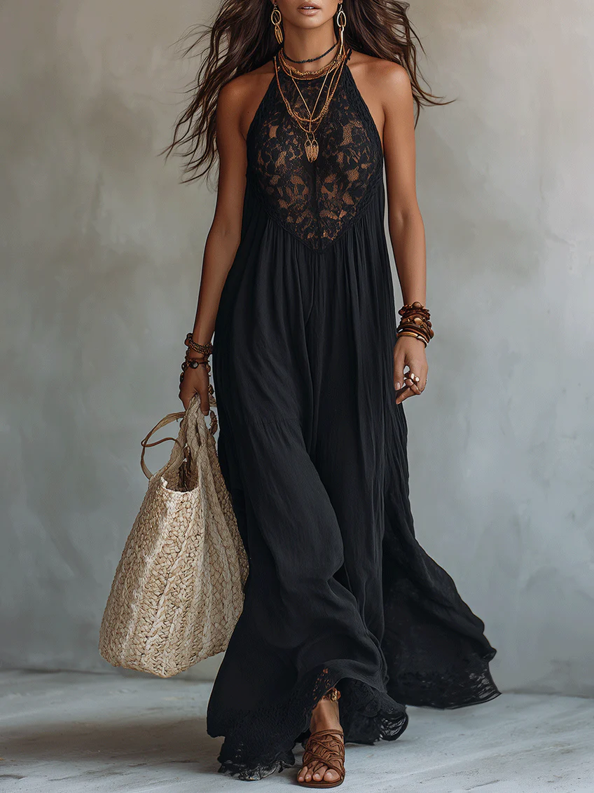 Georgina - Bohemian Black Sleeveless Lace-Trimmed Maxi Dress