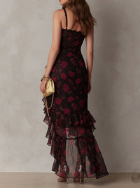 Aaliyah - Chic Black And Red Floral Ruched Ruffle Hem Dress