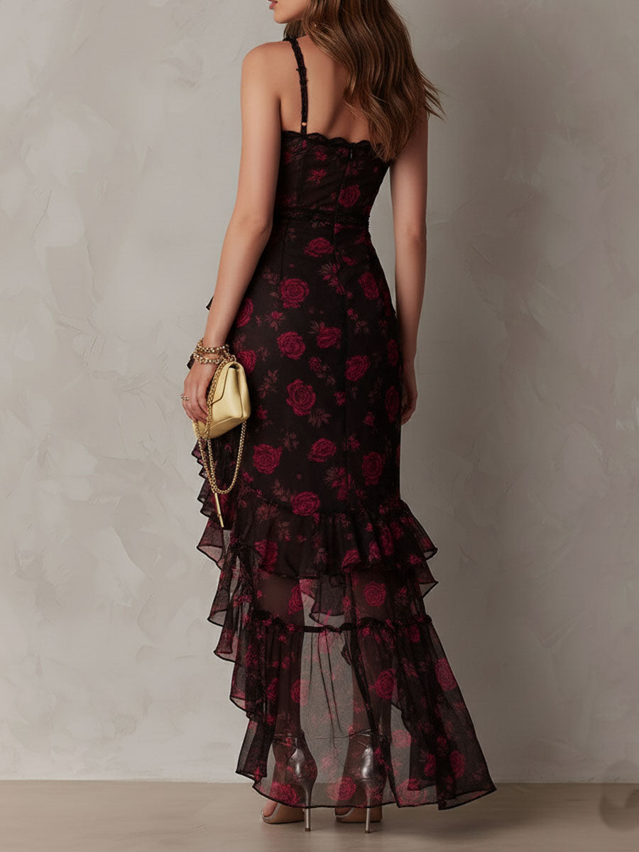 Aaliyah - Chic Black And Red Floral Ruched Ruffle Hem Dress