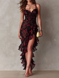 Aaliyah - Chic Black And Red Floral Ruched Ruffle Hem Dress