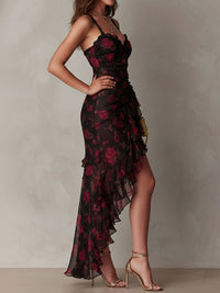 Aaliyah - Chic Black And Red Floral Ruched Ruffle Hem Dress