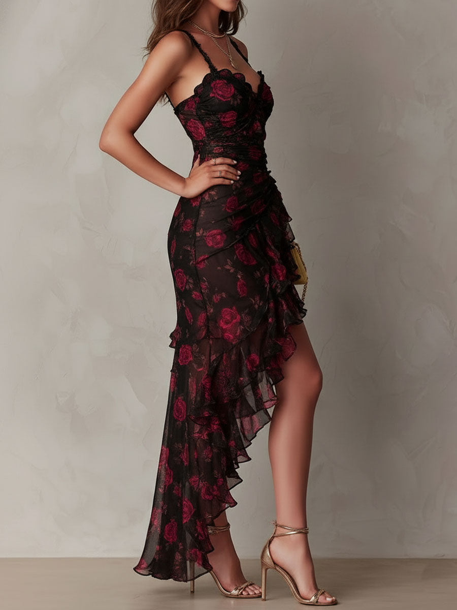 Aaliyah - Chic Black And Red Floral Ruched Ruffle Hem Dress