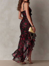 Aaliyah - Chic Black And Red Floral Ruched Ruffle Hem Dress