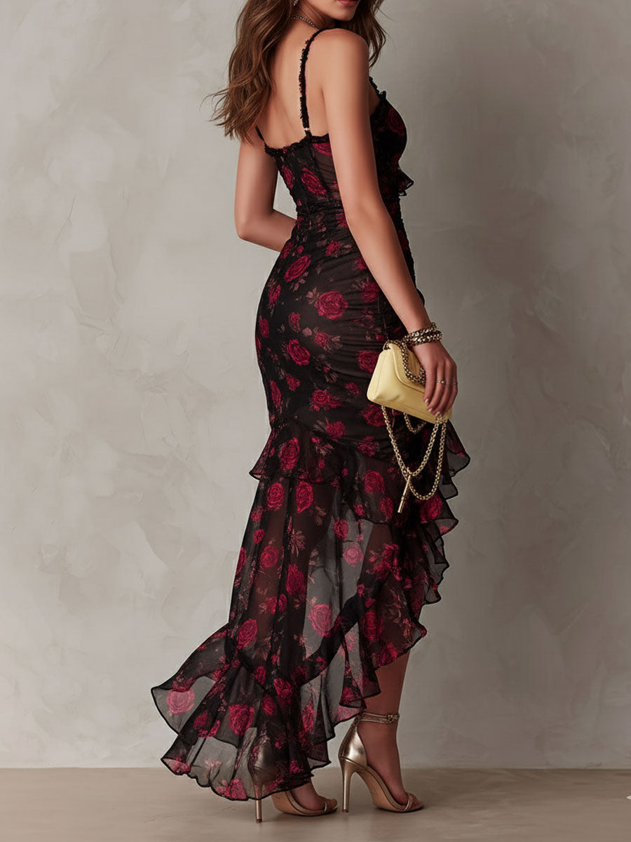 Aaliyah - Chic Black And Red Floral Ruched Ruffle Hem Dress