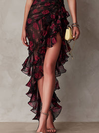 Aaliyah - Chic Black And Red Floral Ruched Ruffle Hem Dress