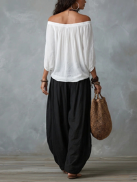 Edith - White Off-the-shoulder Top And Loose-fitting Lantern Pants Set