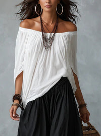 Edith - White Off-the-shoulder Top And Loose-fitting Lantern Pants Set