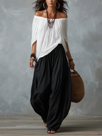 Edith - White Off-the-shoulder Top And Loose-fitting Lantern Pants Set