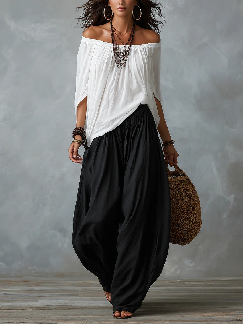 Edith - White Off-the-shoulder Top And Loose-fitting Lantern Pants Set