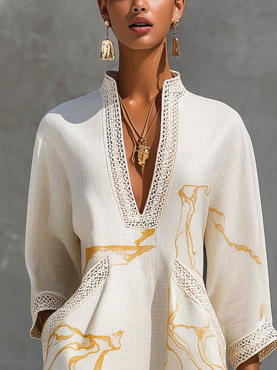 Clarissa – Ivory and Gold Print Crochet Lace V-Neck Mini Dress