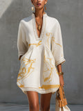 Clarissa – Ivory and Gold Print Crochet Lace V-Neck Mini Dress